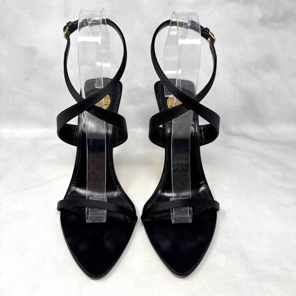 Saint Laurent Salome 110 Silk Satin Metallic Leather Wedge Sandal Heels Black - Picture 5 of 16